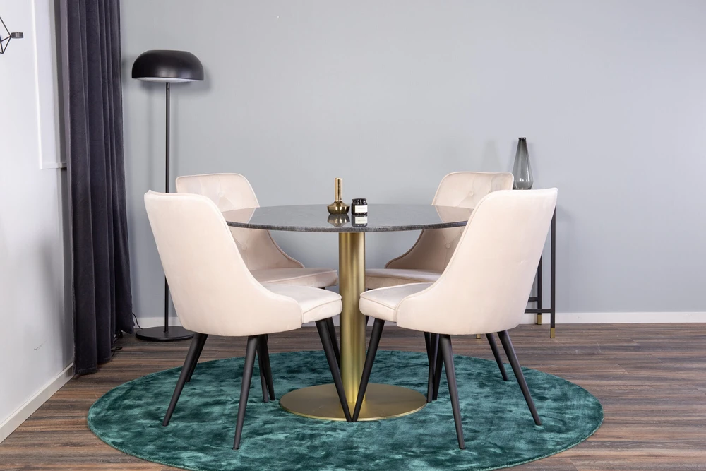 Venture Design Valgomojo stalas, Estelle, ⌀106 cm, Pilka marmuras / Valgomasis kėdė, Velvet Deluxe, 66x88.5x50 cm, Bėžinė