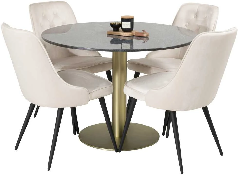 Venture Design Valgomojo stalas, Estelle, ⌀106 cm, Pilka marmuras / Valgomasis kėdė, Velvet Deluxe, 66x88.5x50 cm, Beždžionėlė