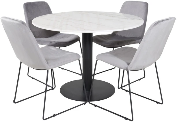 Venture Design Valgomojo stalas, Estelle, ø106x75 cm, Balta / Valgomasis kėdė, Muce, 63x84x43 cm, Pilka