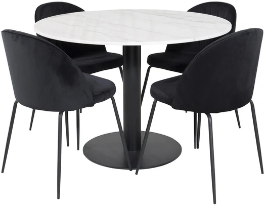 Venture Design Valgomojo stalas, Estelle, ø106x75 cm, Balta / Valgomasis kėdė, Raukšlės, 50x79.5x49 cm, Juoda