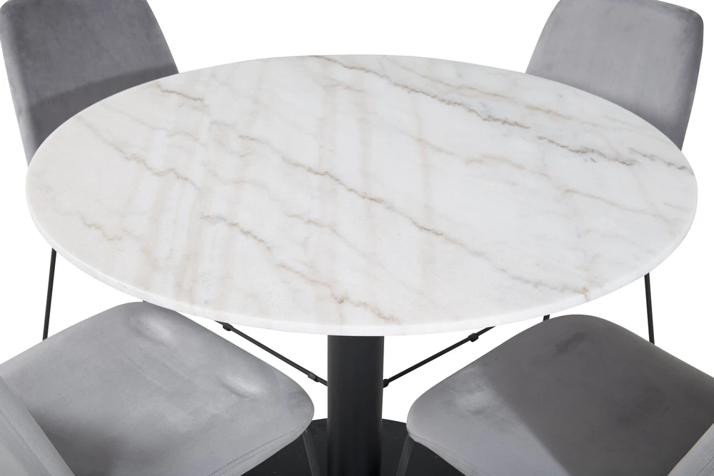 Venture Design Valgomojo stalas, Estelle, ø106x75 cm, Balta / Valgomasis kėdė, Muce, 63x84x43 cm, Pilka