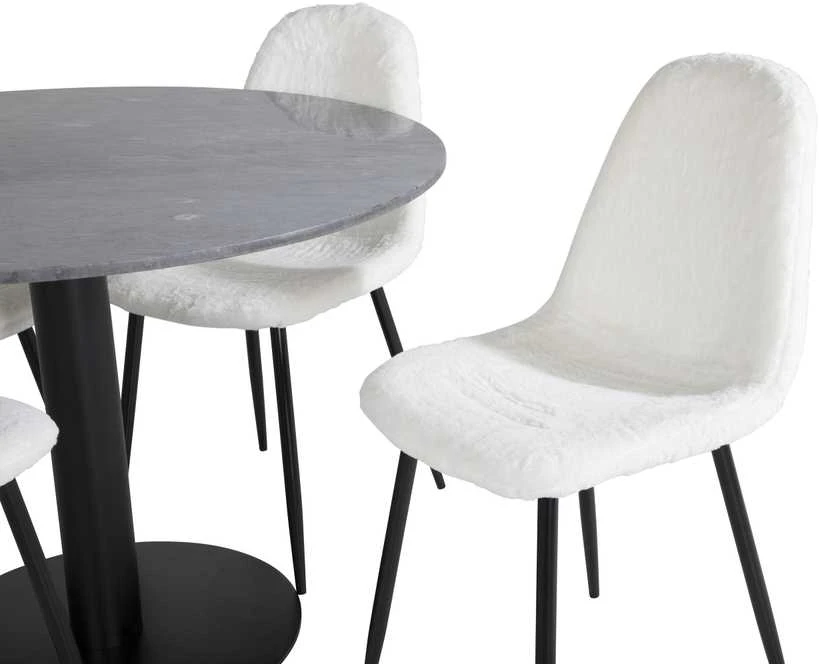 Venture Design Valgomojo stalas, Estelle apvalus, ø106 A75 cm, Juodas / Valgomasis kėdė, Polar Fluff, 53x87x44 cm, Balta