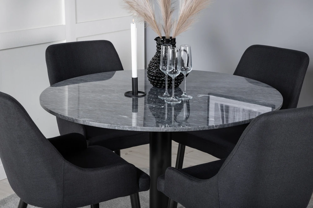Venture Design Valgomojo stalas, Estelle, ø106 A75 cm, Juodas / Valgomasis kėdė, Plaza, 58x86x49 cm, Juoda