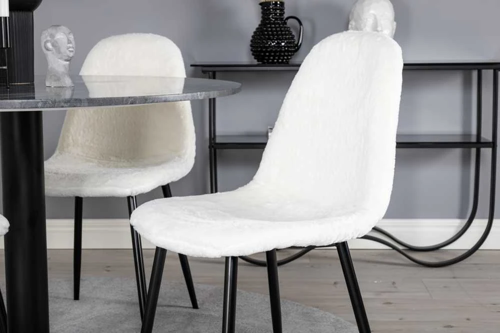 Venture Design Valgomojo stalas, Estelle apvalus, ø106 A75 cm, Juodas / Valgomasis kėdė, Polar Fluff, 53x87x44 cm, Balta