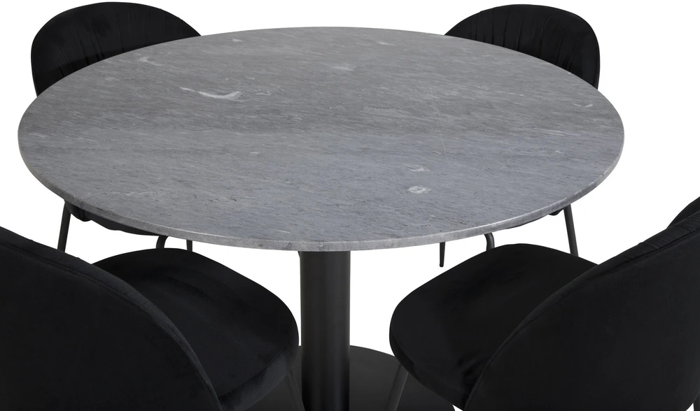 Venture Design Valgomojo stalas, Estelle apvalus, ø106 A75 cm, Juodas / Valgomasis kėdė, Raukšlės, 50x79.5x49 cm, Juoda