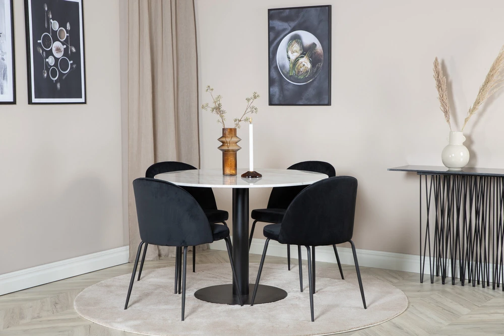 Venture Design Valgomojo stalas, Estelle, ø106x75 cm, Balta / Valgomasis kėdė, Raukšlės, 50x79.5x49 cm, Juoda