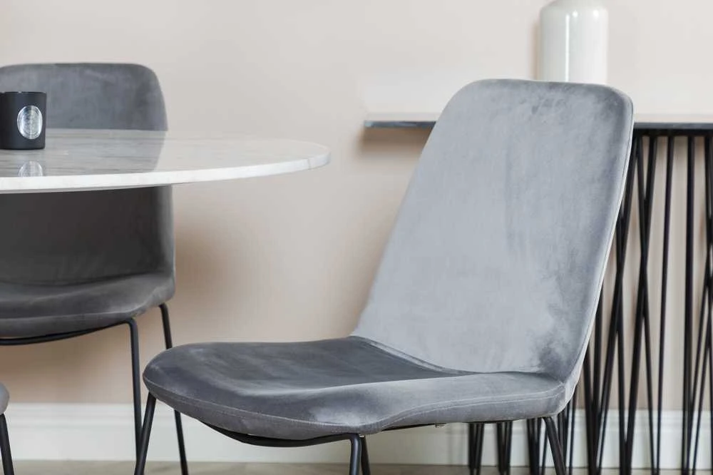 Venture Design Valgomojo stalas, Estelle, ø106x75 cm, Balta / Valgomasis kėdė, Muce, 63x84x43 cm, Pilka