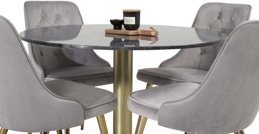 Venture Design Valgomojo stalas, Estelle, 106 cm, Pilka marmuras / Bronza - Valgomasis kėdė, Velvet Deluxe, 66x88.5x50 cm, Šviesiai pilkas velvetinis