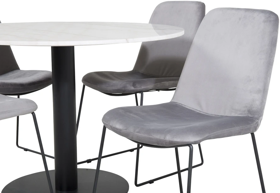 Venture Design Valgomojo stalas, Estelle, ø106x75 cm, Balta / Valgomasis kėdė, Muce, 63x84x43 cm, Pilka