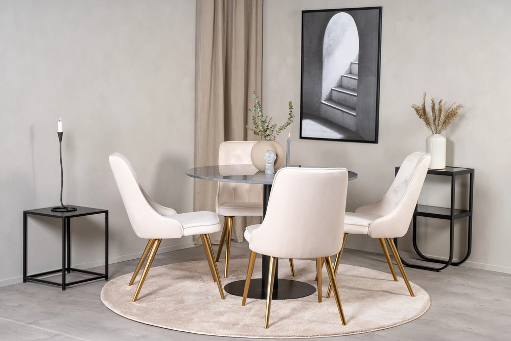 Venture Design Valgomojo stalas, Estelle, ø106xA75 cm, Juodas / Valgomasis kėdė, Velvet Deluxe, 66x88.5x50 cm, Bėžinės spalva