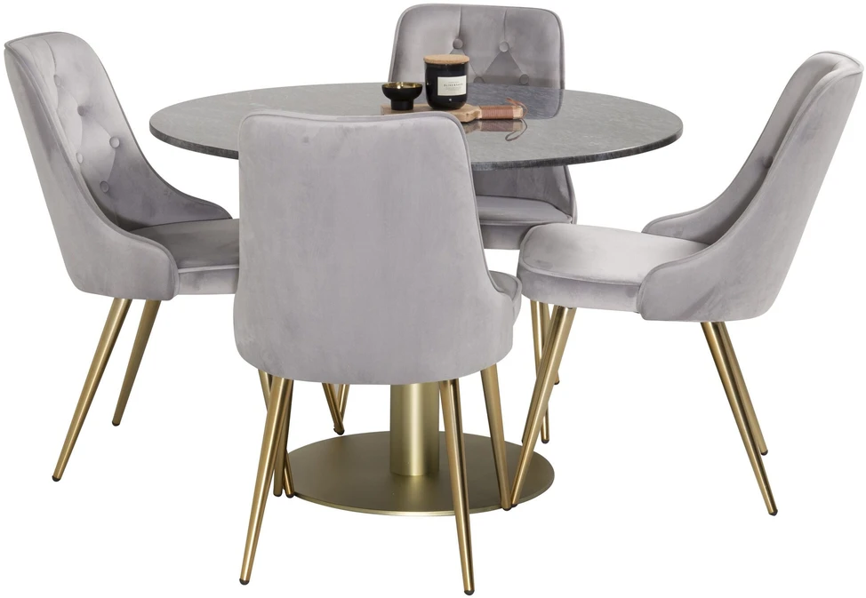 Venture Design Valgomojo stalas, Estelle, 106 cm, Pilka marmuras / Bronza - kėdė, Velvet Deluxe, 66x88.5x50 cm, Šviesiai pilkas velvetinis