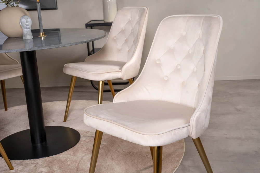 Venture Design Valgomojo stalas, Estelle, ø106xA75 cm, Juodas / Valgomasis kėdė, Velvet Deluxe, 66x88.5x50 cm, Bėžinės spalva