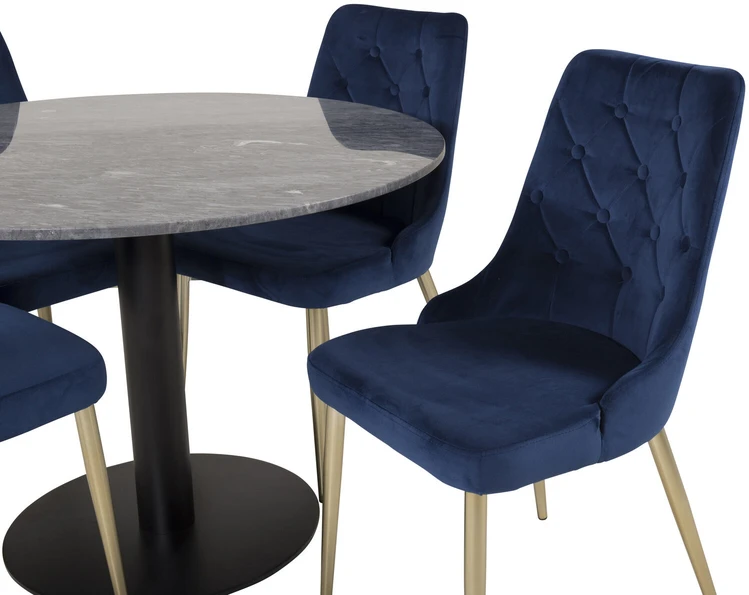 Venture Design Valgomojo stalas, Estelle, 106 cm, Pilka/Juoda, Veltinė prabangi kėdė, Mėlyna/Medžio švartas