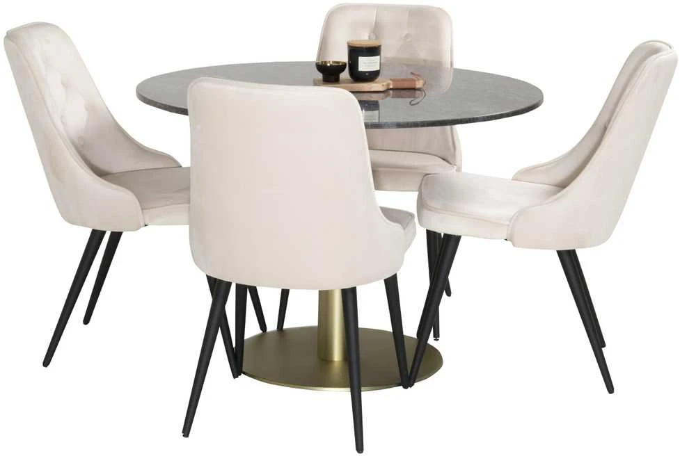 Venture Design Valgomojo stalas, Estelle, ⌀106 cm, Pilka marmuras / Valgomasis kėdė, Velvet Deluxe, 66x88.5x50 cm, Beždžionėlė
