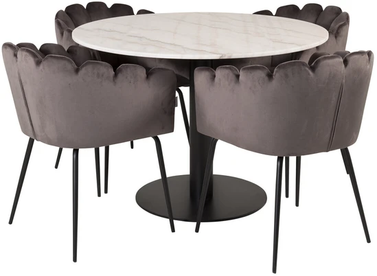 Venture Design Valgomojo stalas, Estelle, ø106 cm, Juoda/Balta Marmuras, Kėdė, Limhamn, 54x76x61 cm, Pilka