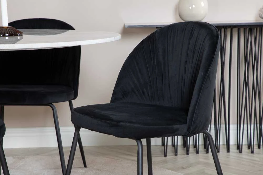 Venture Design Valgomojo stalas, Estelle, ø106x75 cm, Balta / Valgomasis kėdė, Raukšlės, 50x79.5x49 cm, Juoda