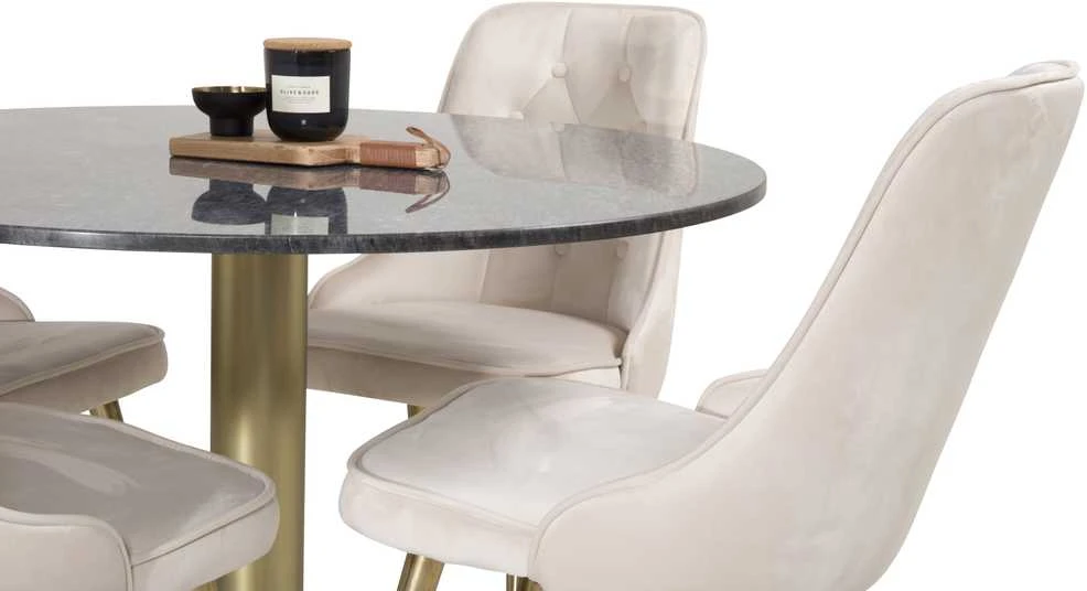 Venture Design Valgomojo stalas, Estelle, ⌀106 cm, Pilka marmuras / Valgomasis kėdė, Velvet Deluxe, 66x88.5x50 cm, kreminė spalva