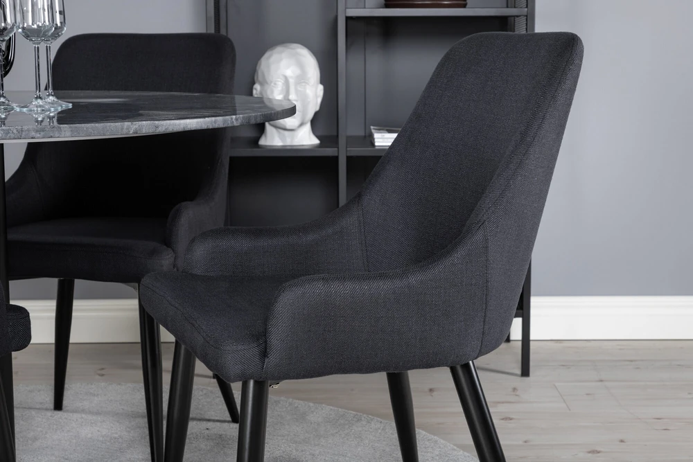 Venture Design Valgomojo stalas, Estelle, ø106 A75 cm, Juodas / Valgomasis kėdė, Plaza, 58x86x49 cm, Juoda