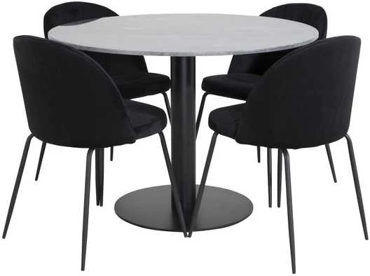 Venture Design Valgomojo stalas, Estelle apvalus, ø106 A75 cm, Juodas / Valgomasis kėdė, Raukšlės, 50x79.5x49 cm, Juoda