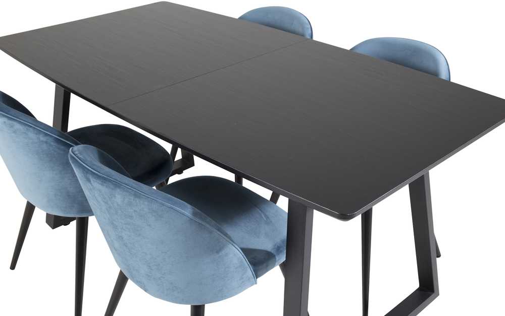Venture Design Valgomojo stalas, Inca ištempiamas stalas, 75x160x85 cm, Juodas + Valgomasis kėdė, Velveto audinys, 57x76.5x50 cm, Mėlyna