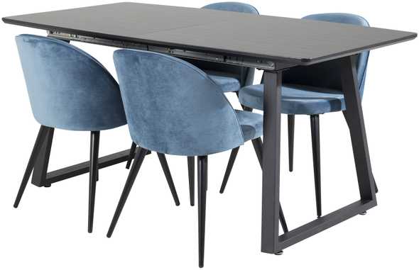 Venture Design Valgomojo stalas, Inca ištempiamas stalas, 75x160x85 cm, Juodas + Valgomasis kėdė, Velveto audinys, 57x76.5x50 cm, Mėlyna