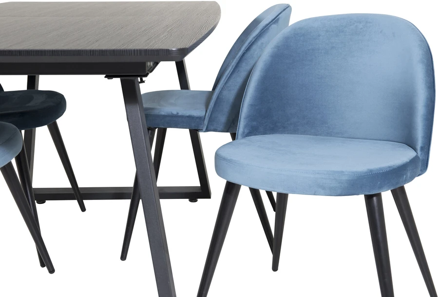 Venture Design Valgomojo stalas, Inca ištempiamas stalas, 75x160x85 cm, Juodas + Valgomasis kėdė, Velveto audinys, 57x76.5x50 cm, Mėlyna