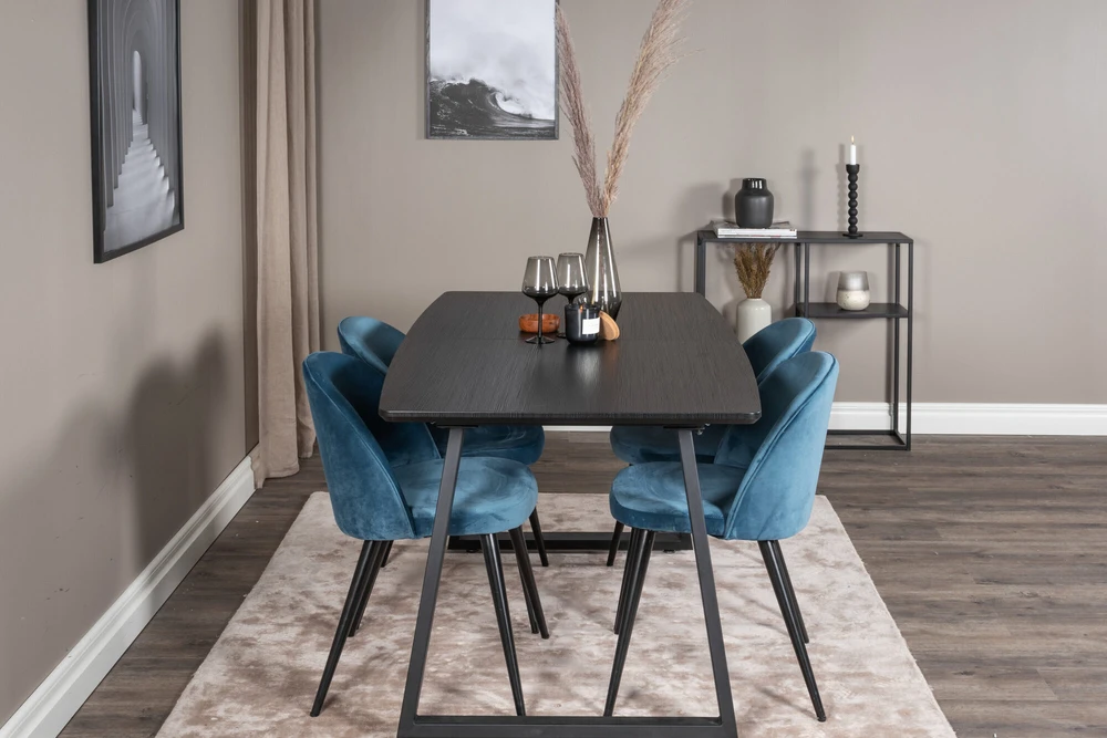 Venture Design Valgomojo stalas, Inca ištempiamas stalas, 75x160x85 cm, Juodas + Valgomasis kėdė, Velveto audinys, 57x76.5x50 cm, Mėlyna
