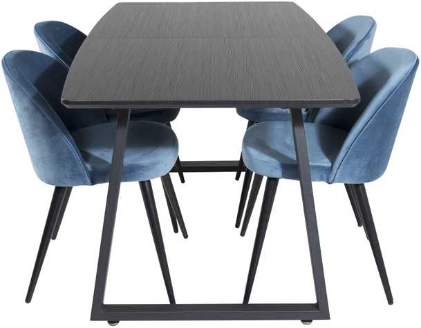Venture Design Valgomojo stalas, Inca ištempiamas stalas, 75x160x85 cm, Juodas + Valgomasis kėdė, Velveto audinys, 57x76.5x50 cm, Mėlyna