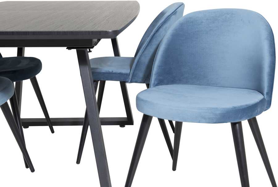 Venture Design Valgomojo stalas, Inca ištempiamas stalas, 75x160x85 cm, Juodas + Valgomasis kėdė, Velveto audinys, 57x76.5x50 cm, Mėlyna