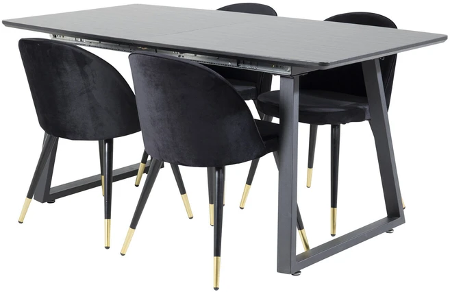 Venture Design Valgomojo stalas, Inca ištraukiamas stalas, 75x160x85 cm, Juodas + Veltinio valgomasis kėdė, 57x76.5x50 cm, Juoda