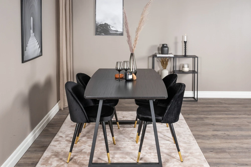 Venture Design Valgomojo stalas, Inca ištraukiamas stalas, 75x160x85 cm, Juodas + Veltinio valgomasis kėdė, 57x76.5x50 cm, Juoda