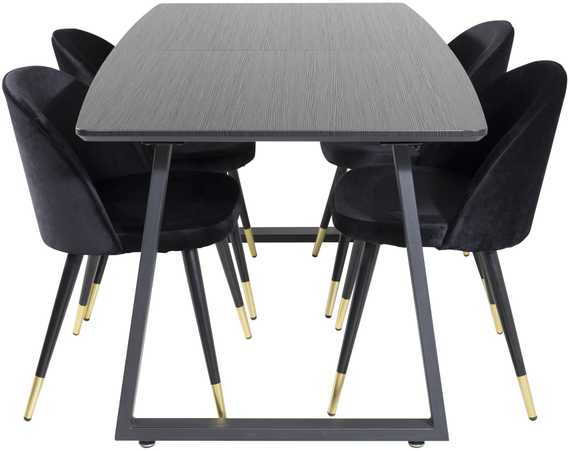 Venture Design Valgomojo stalas, Inca ištraukiamas stalas, 75x160x85 cm, Juodas + Veltinio valgomasis kėdė, 57x76.5x50 cm, Juoda