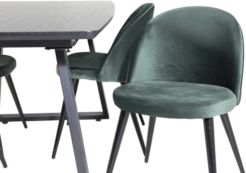 Venture Design Valgomojo stalas, Inca pratęsimas, 75x160x85 cm, Juodas, Veltinio valgomasis kėdė, 57x76.5x50 cm, Žalias