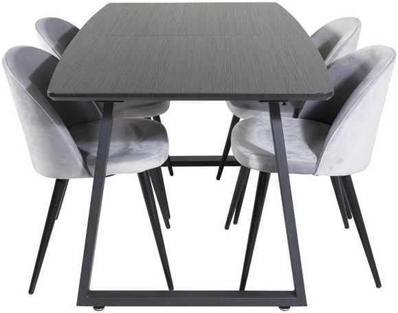 Venture Design Valgomojo stalas, Inca pratęsimas, 75x160x85 cm, Juodas, Valgomasis kėdė, Velvetas, 57x76.5x50 cm, Šviesiai pilka