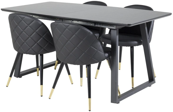 Venture Design Valgomojo stalas, Inca pratęsimas, 75x160x85 cm, Juodas / Valgomasis kėdė, Samtinė su siūlėmis, 57x76.5x50 cm, Juoda