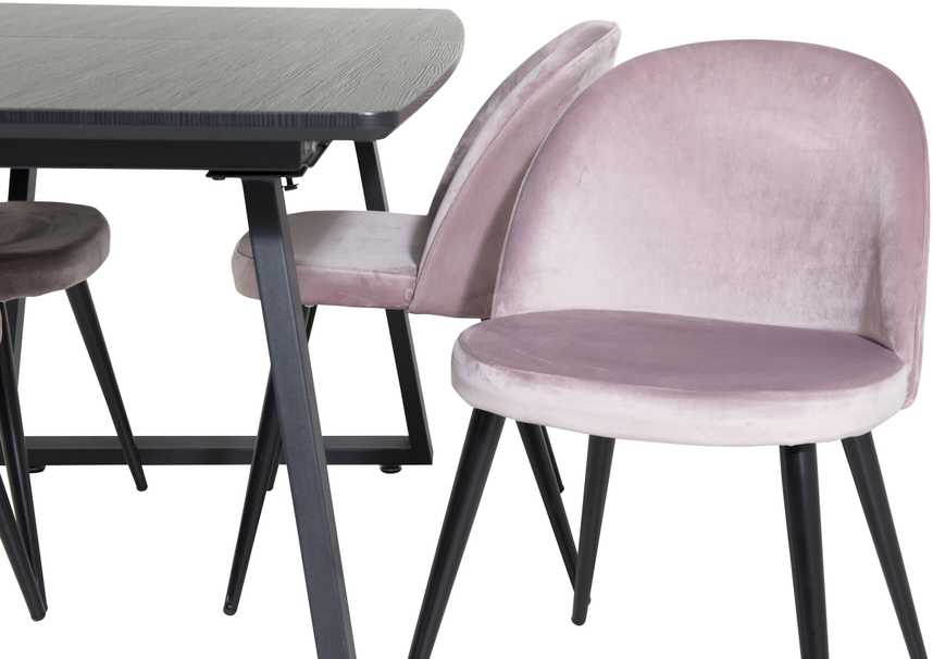 Venture Design Valgomojo stalas, Inca pratęsimas, 75x160x85 cm, Juodas, Velvetinis valgomasis kėdė, 57x76.5x50 cm, Rožinė