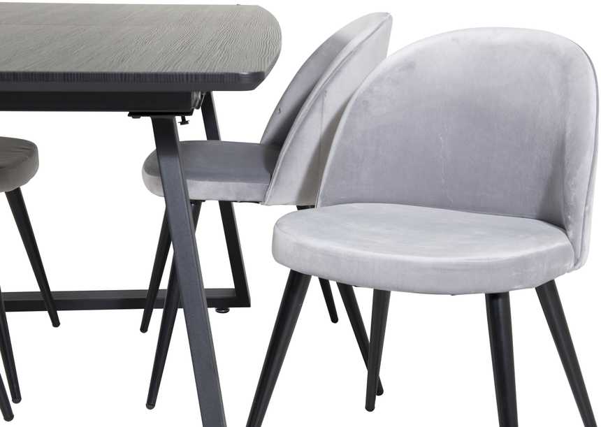 Venture Design Valgomojo stalas, Inca pratęsimas, 75x160x85 cm, Juodas, Valgomasis kėdė, Velvetas, 57x76.5x50 cm, Šviesiai pilka
