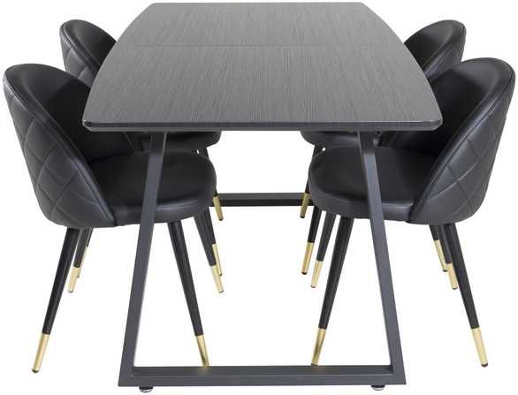 Venture Design Valgomojo stalas, Inca pratęsimas, 75x160x85 cm, Juodas / Valgomasis kėdė, Samtinė su siūlėmis, 57x76.5x50 cm, Juoda