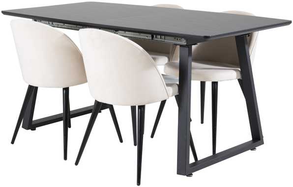 Venture Design Valgomojo stalas, Inca pratęsimas, 75x160x85 cm, Juodas, Valgomasis kėdė, Velvečiaus, 57x76.5x50 cm, kreminė.