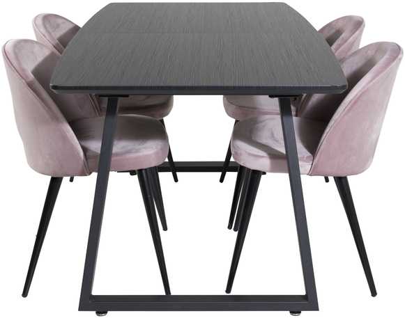 Venture Design Valgomojo stalas, Inca pratęsimas, 75x160x85 cm, Juodas, Velvetinis valgomasis kėdė, 57x76.5x50 cm, Rožinė