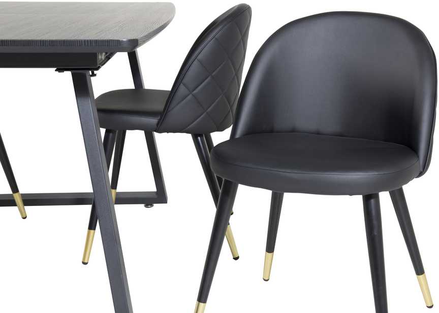 Venture Design Valgomojo stalas, Inca pratęsimas, 75x160x85 cm, Juodas / Valgomasis kėdė, Samtinė su siūlėmis, 57x76.5x50 cm, Juoda