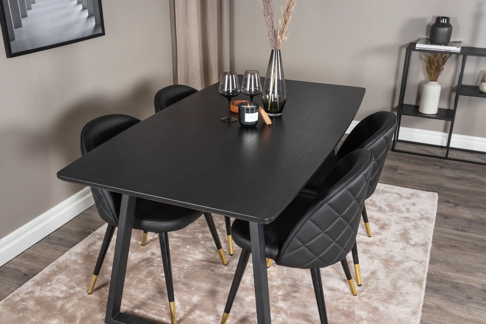 Venture Design Valgomojo stalas, Inca pratęsimas, 75x160x85 cm, Juodas / Valgomasis kėdė, Samtinė su siūlėmis, 57x76.5x50 cm, Juoda