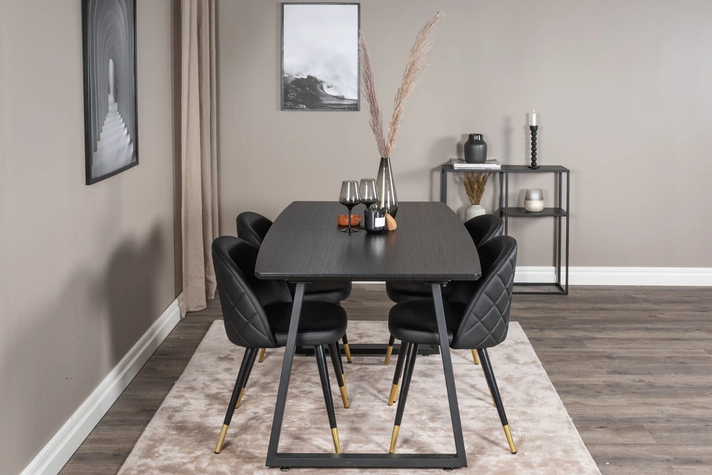 Venture Design Valgomojo stalas, Inca pratęsimas, 75x160x85 cm, Juodas / Valgomasis kėdė, Samtinė su siūlėmis, 57x76.5x50 cm, Juoda