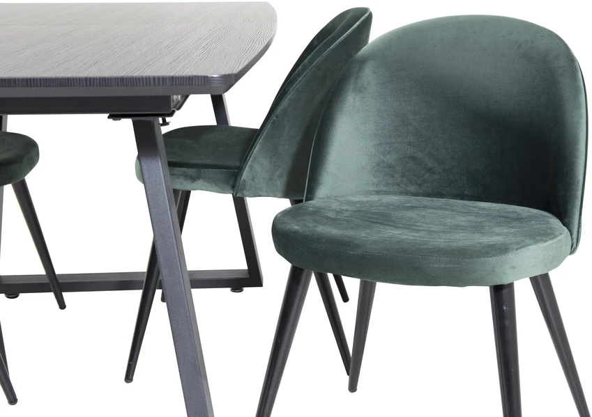 Venture Design Valgomojo stalas, Inca pratęsimas, 75x160x85 cm, Juodas, Veltinio valgomasis kėdė, 57x76.5x50 cm, Žalias