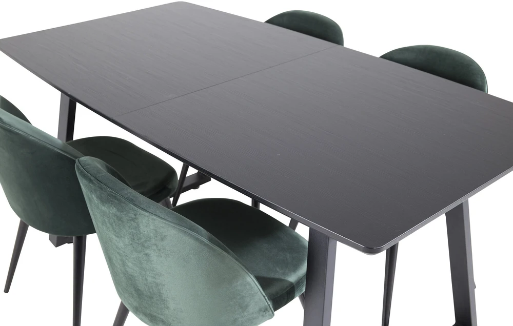 Venture Design Valgomojo stalas, Inca pratęsimas, 75x160x85 cm, Juodas, Veltinio valgomasis kėdė, 57x76.5x50 cm, Žalias