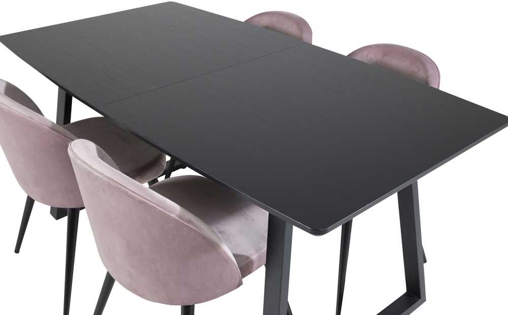 Venture Design Valgomojo stalas, Inca pratęsimas, 75x160x85 cm, Juodas, Velvetinis valgomasis kėdė, 57x76.5x50 cm, Rožinė