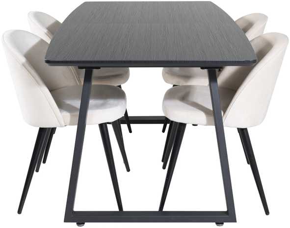 Venture Design Valgomojo stalas, Inca pratęsimas, 75x160x85 cm, Juodas, Valgomasis kėdė, Velvečiaus, 57x76.5x50 cm, kreminė.