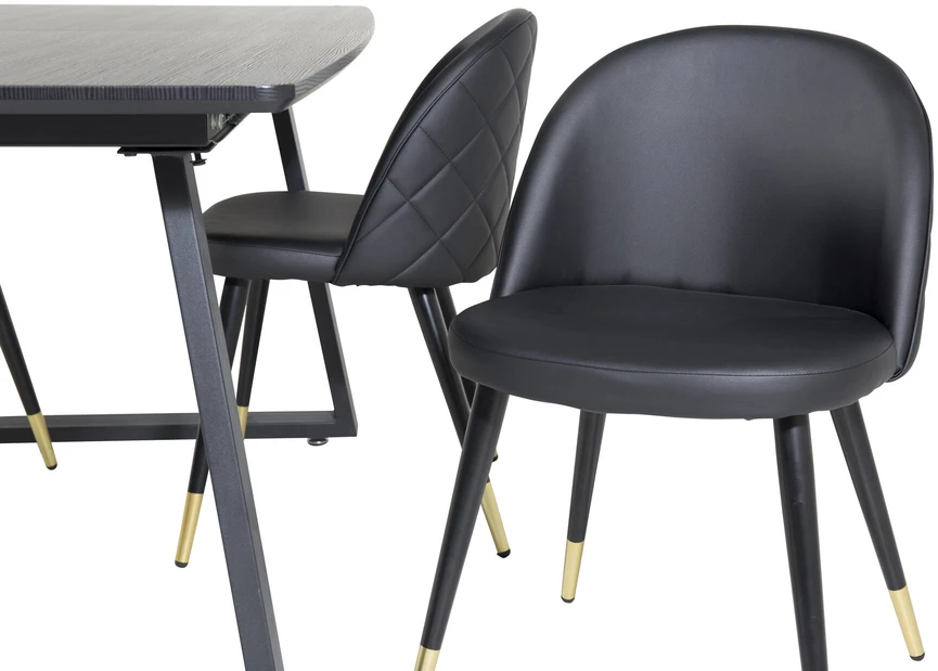 Venture Design Valgomojo stalas, Inca pratęsimas, 75x160x85 cm, Juodas / Valgomasis kėdė, Samtinė su siūlėmis, 57x76.5x50 cm, Juoda