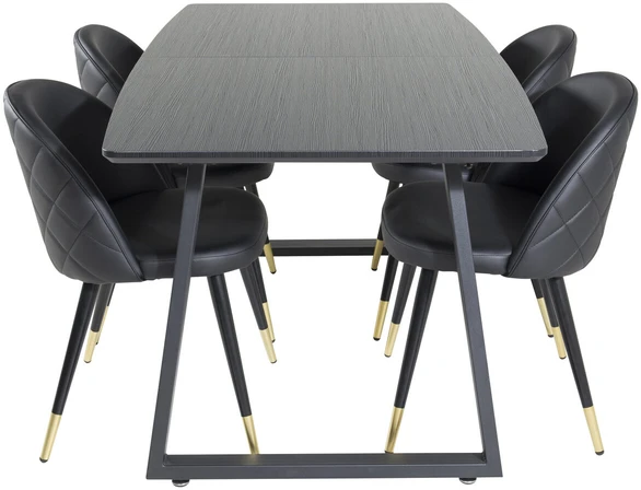 Venture Design Valgomojo stalas, Inca pratęsimas, 75x160x85 cm, Juodas / Valgomasis kėdė, Samtinė su siūlėmis, 57x76.5x50 cm, Juoda
