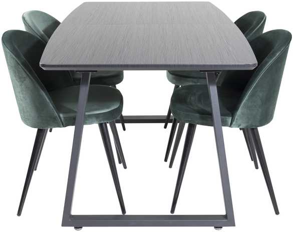 Venture Design Valgomojo stalas, Inca pratęsimas, 75x160x85 cm, Juodas, Veltinio valgomasis kėdė, 57x76.5x50 cm, Žalias